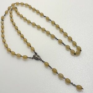 Vintage Cream Sliver Ivory Beaded Rosary Religious Necklace